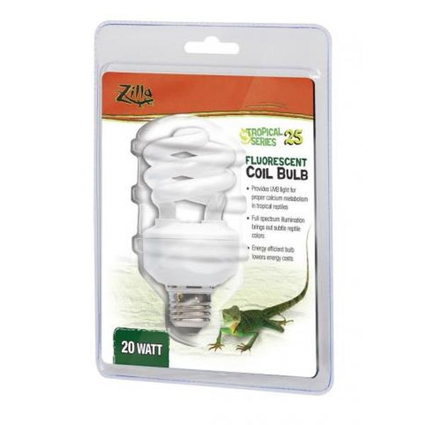 Fluorescent coil bulb in a blister package labeled 20 watt with a lizard graphic.