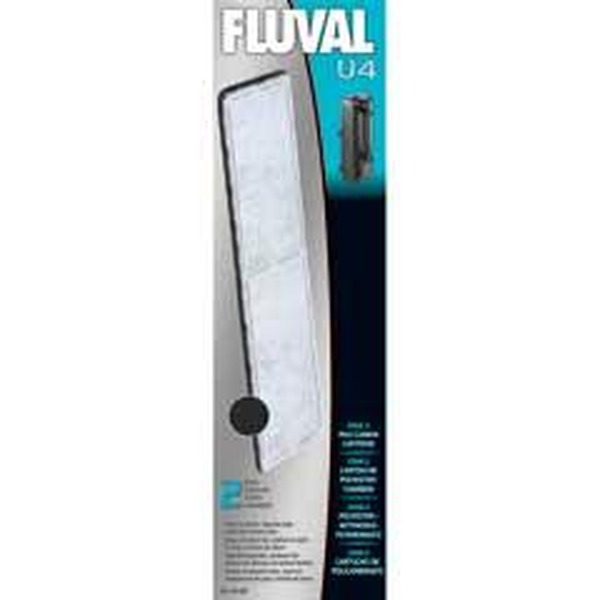Fluval U4 aquarium filter packaging with a vertical filter cartridge illustration.