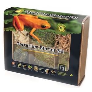 Terrarium Starter Kit box with an orange frog on green foliage and moss habitat samples.