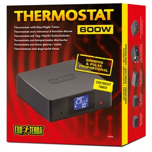 Exo Terra thermostat 600W box featuring day/night timer, dimming, and pulse proportional.