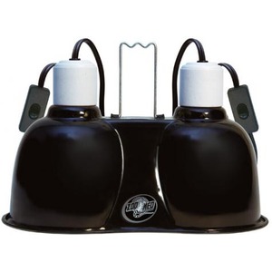 Two dark glass bottles with white tops connected by a metal frame and U-shaped handle.