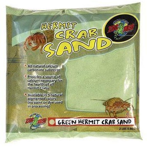 Green Hermit Crab Sand bag with crab illustrations; natural calcium carbonate substrate for hermit crabs.