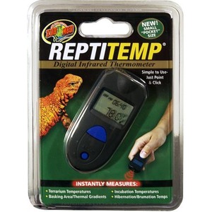 ReptiTemp digital infrared thermometer in blister pack with a lizard graphic and a hand holding the probe.