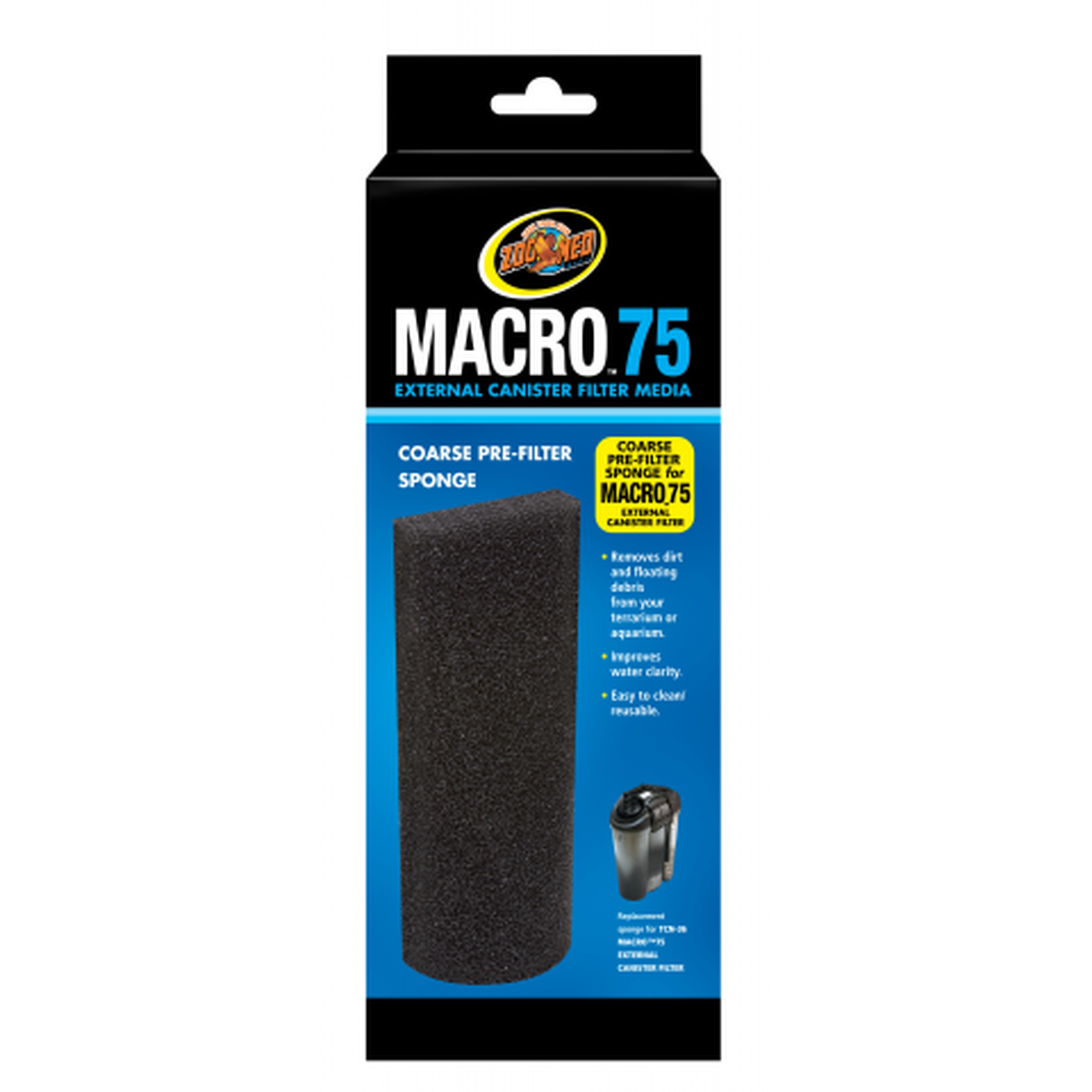 Macro 75 external canister filter media package with a coarse pre-filter sponge and product image.