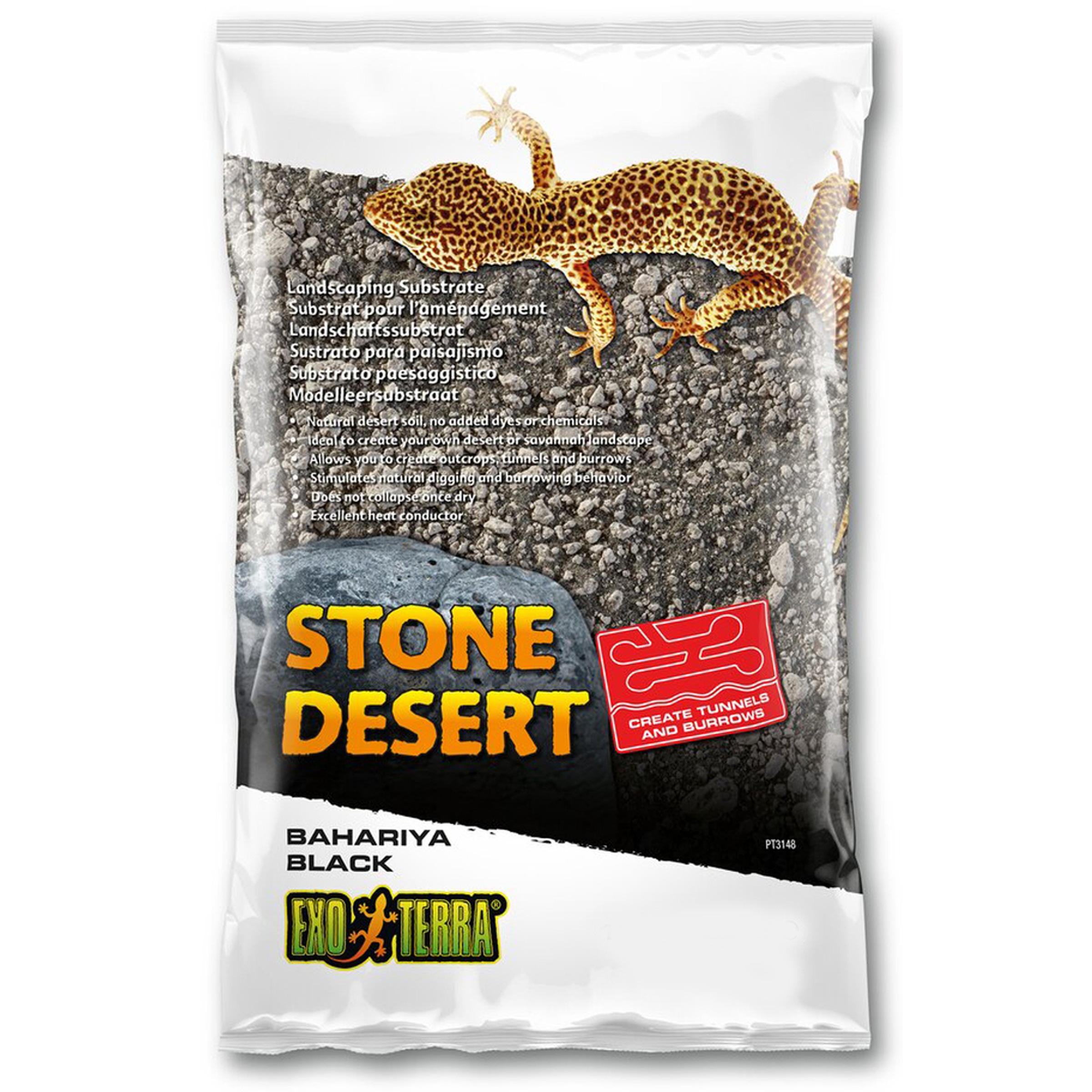 Leopard gecko atop rocky desert substrate on a bag labeled “Stone Desert” with Exo Terra logo.