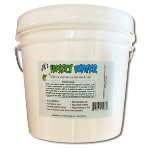 White plastic bucket with handle and label reading "JK's Insect Water".