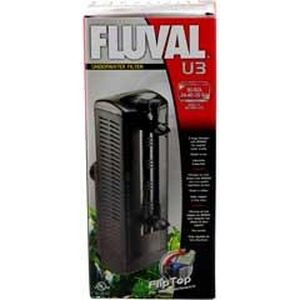 Fluval U3 canister filter packaging box showing a black canister filter.