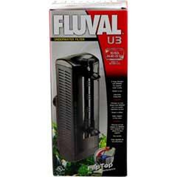 Fluval U3 canister filter packaging box showing a black canister filter.