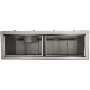 Wall-mounted double mail slot with two empty compartments.