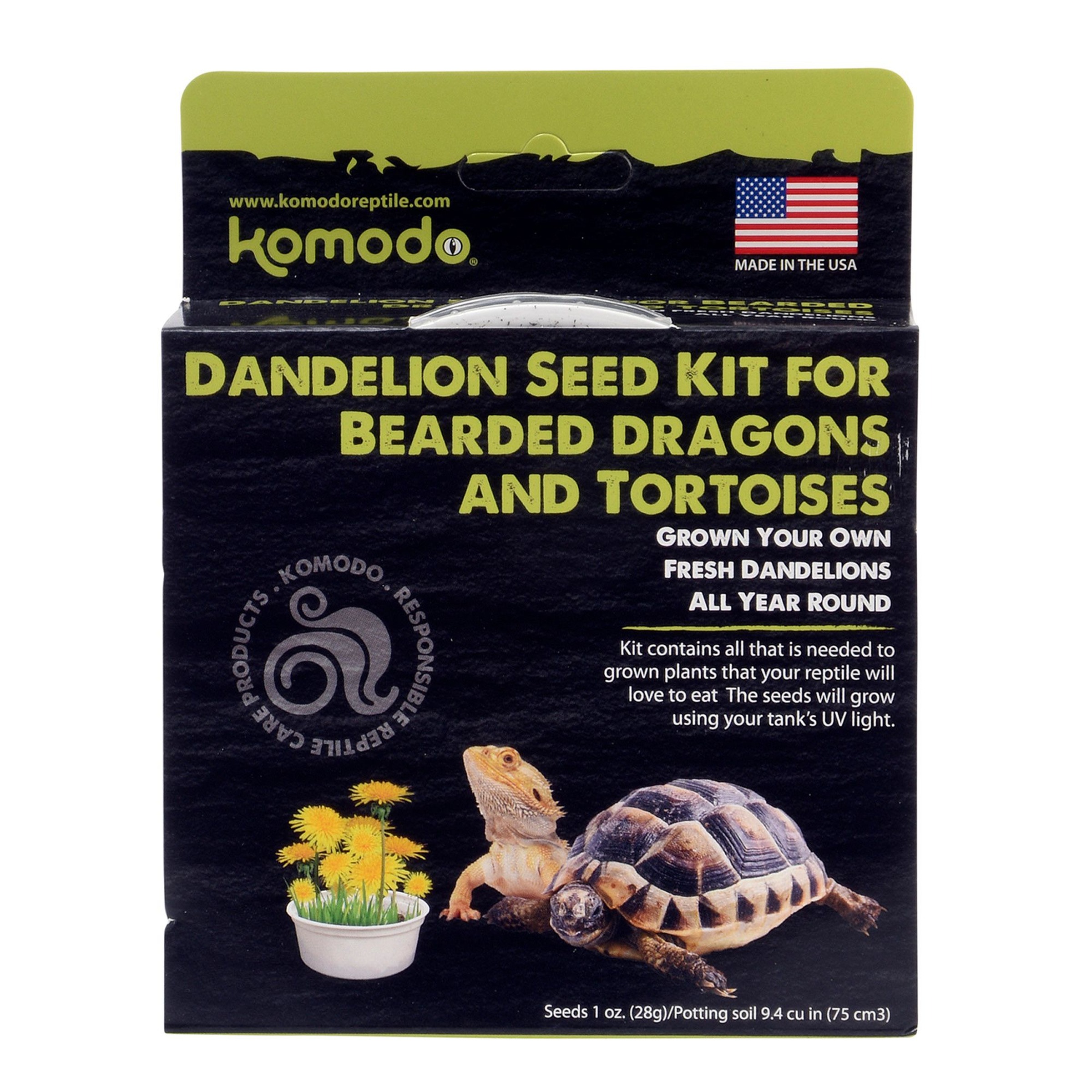Dandelion seed kit for bearded dragons and tortoises with a bearded dragon and tortoise on a dark box.