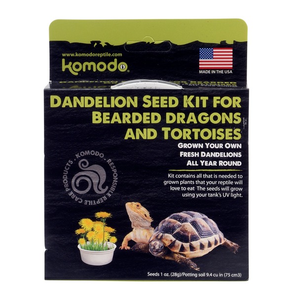 Dandelion seed kit for bearded dragons and tortoises with a bearded dragon and tortoise on a dark box.