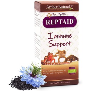 Reptaid Immune Support box for reptiles, herbal blend; foreground features a blue flower and seeds.