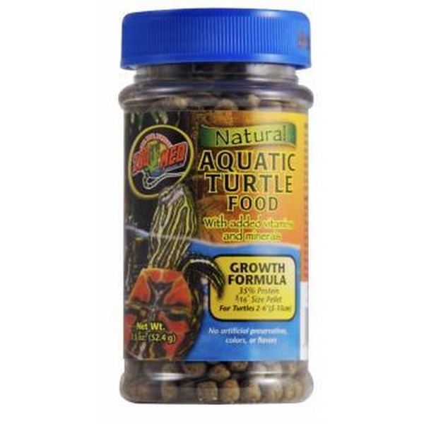 Jar labeled Natural Aquarium Turtle Food with growth formula, vitamins, and minerals.