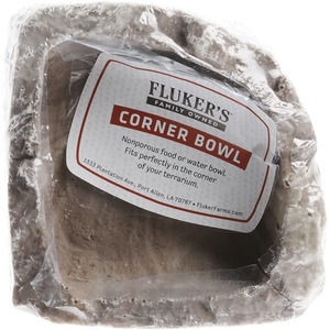 Plastic-wrapped Fluker's Corner Bowl label: nonporous food or water bowl for terrariums.