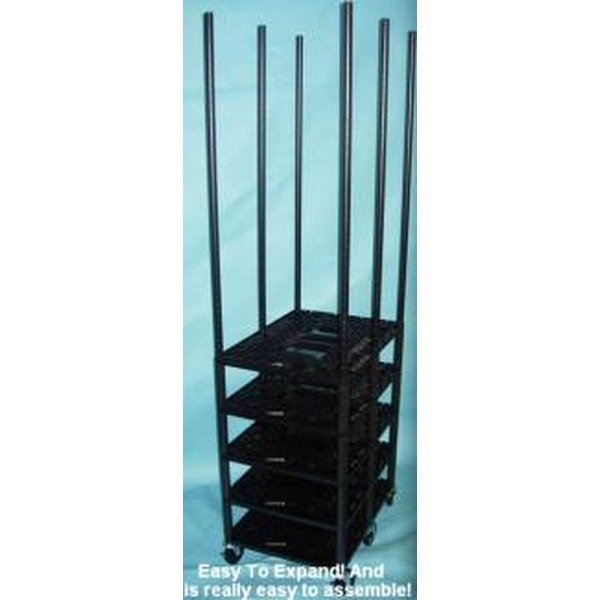 Black multi-tier rack with tall vertical bars and several shelves against a blue background.
