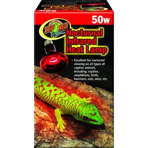 Box for Nocturnal Infrared Heat Lamp 50W featuring a green gecko on a rock with a red bulb.