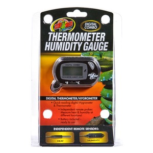 Zoo Med digital thermometer–hygrometer packaging showing LCD display and two remote sensors for heat and humidity.