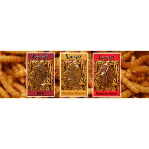 Three Larvet's snack packets—BBQ, Cheddar Cheese, Mexican Spice—on a background of fried larvae.