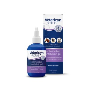 Blue Vetericyn Plus antimicrobial ophthalmic gel bottle with a white nozzle beside its packaging box