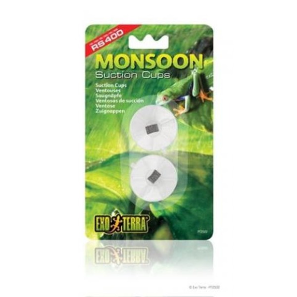 Packaging for Monsoon Suction Cups showing two white suction discs on a green leaf background.