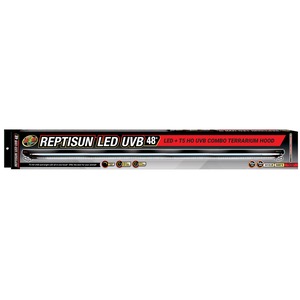 Packaging for REPTISUN LED UVB 48" terrarium hood, showing a long LED light bar and UVB lamp on a black-red box.
