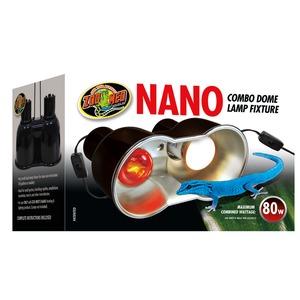 Zoo Med Nano combo dome lamp fixture with reflector, round light, and blue lizard graphic on packaging.