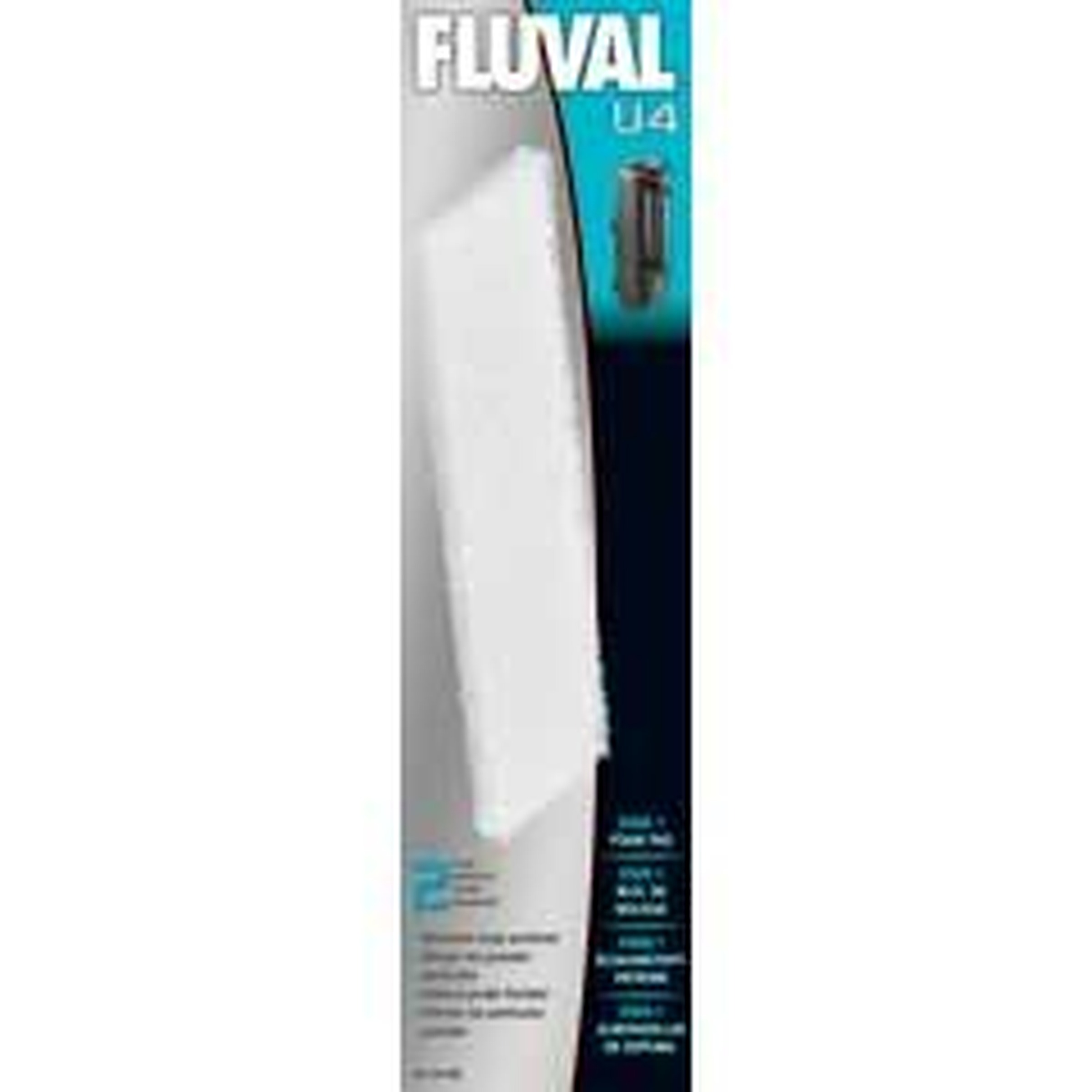 Fluval U4 filter packaging featuring a white filter block against a blue-black gradient background.