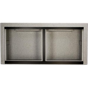 Double-basin stainless steel kitchen sink with two empty basins and a center divider.