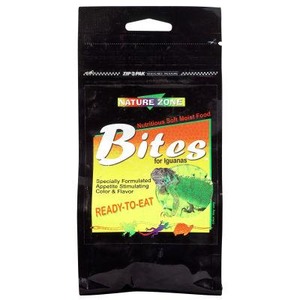 Black resealable bag labeled Nature Zone Bites for Iguanas, Ready-to-Eat reptile treats.
