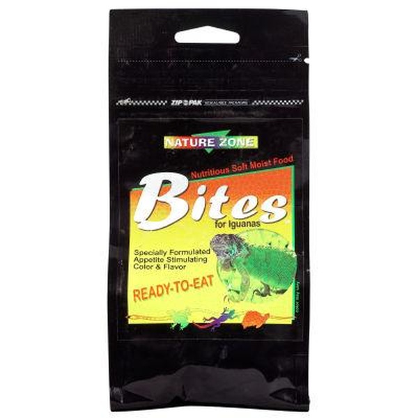 Black resealable bag labeled Nature Zone Bites for Iguanas, Ready-to-Eat reptile treats.