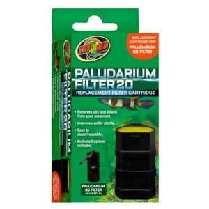 Green Zoo Med Paludarium Filter 20 replacement cartridge packaging, showing the cartridge and a fish tank filter.