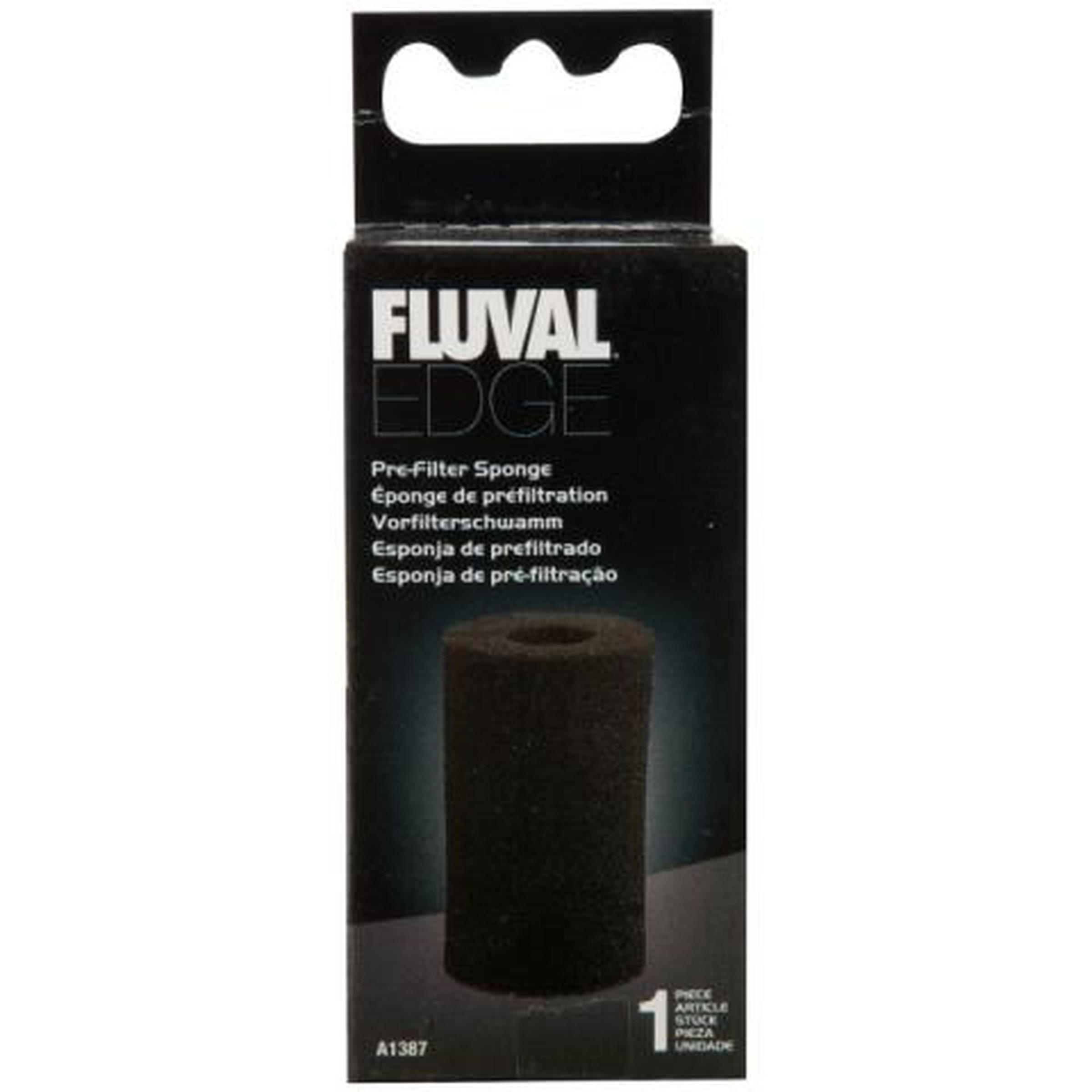 Fluval Edge pre-filter sponge in black packaging, showing a cylindrical sponge.