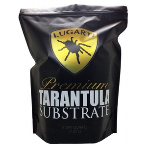 Black bag of Lugarti Premium Tarantula Substrate with a gold shield logo and tarantula silhouette.