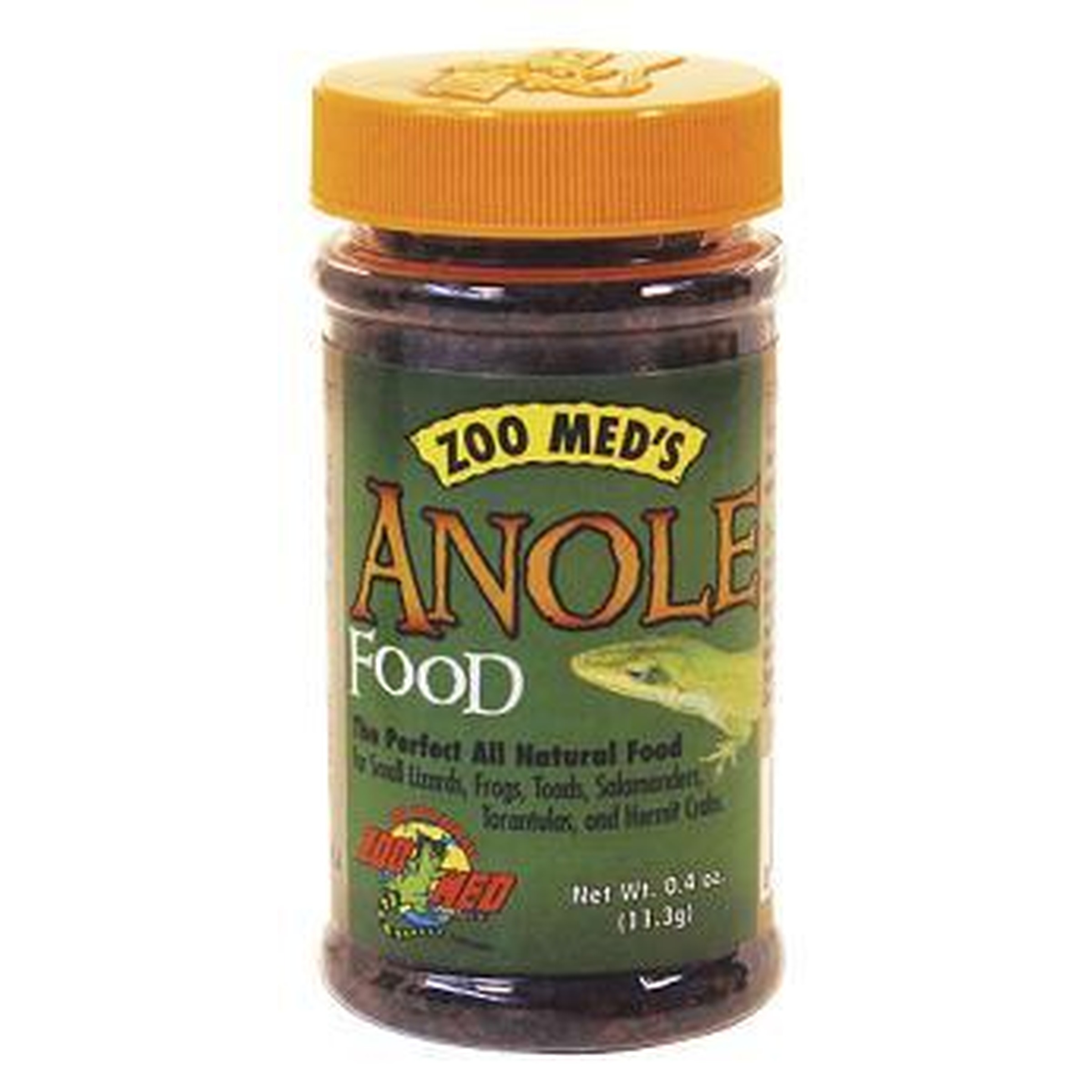 Zoo Med's Anole Food jar with orange lid on a green label.