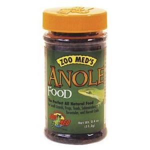 Zoo Med's Anole Food jar with orange lid on a green label.