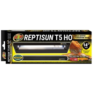 Zoo Med ReptiSun T5 HO high-output terrarium hood, 14" size; package features a bearded dragon.