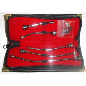 Open red-lined case containing six stainless steel dental tools with grooved grips and caps.
