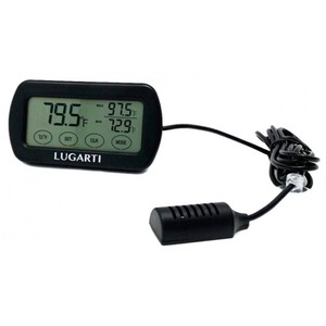 Lugarti digital thermometer with wired probe showing 79.5°F and peak 97.5°F, min 72.9°F.