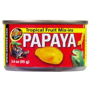 Red container labeled Papaya Tropical Fruit Mix-ins with a yellow papaya image and turtle and lizard illustrations.