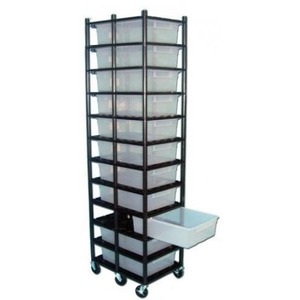 Tall black wheeled storage cart with multiple clear plastic drawers stacked in a tower and a side drop-in bin.