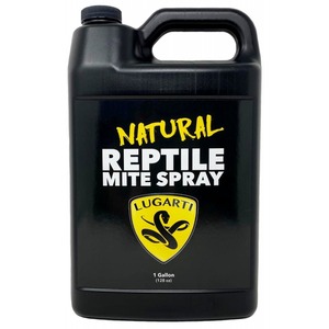 Black 1-gallon jug labeled “Natural Reptile Mite Spray” with Lugarti yellow crest and snake logo.