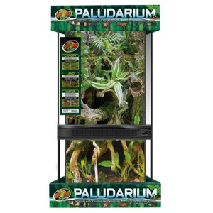 Paludarium terrarium with lush plants and driftwood in a two-tier black-framed enclosure.