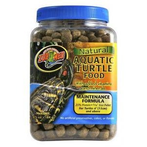 Jar of Natural Aquatic Turtle Food with blue lid and turtle graphic on label.