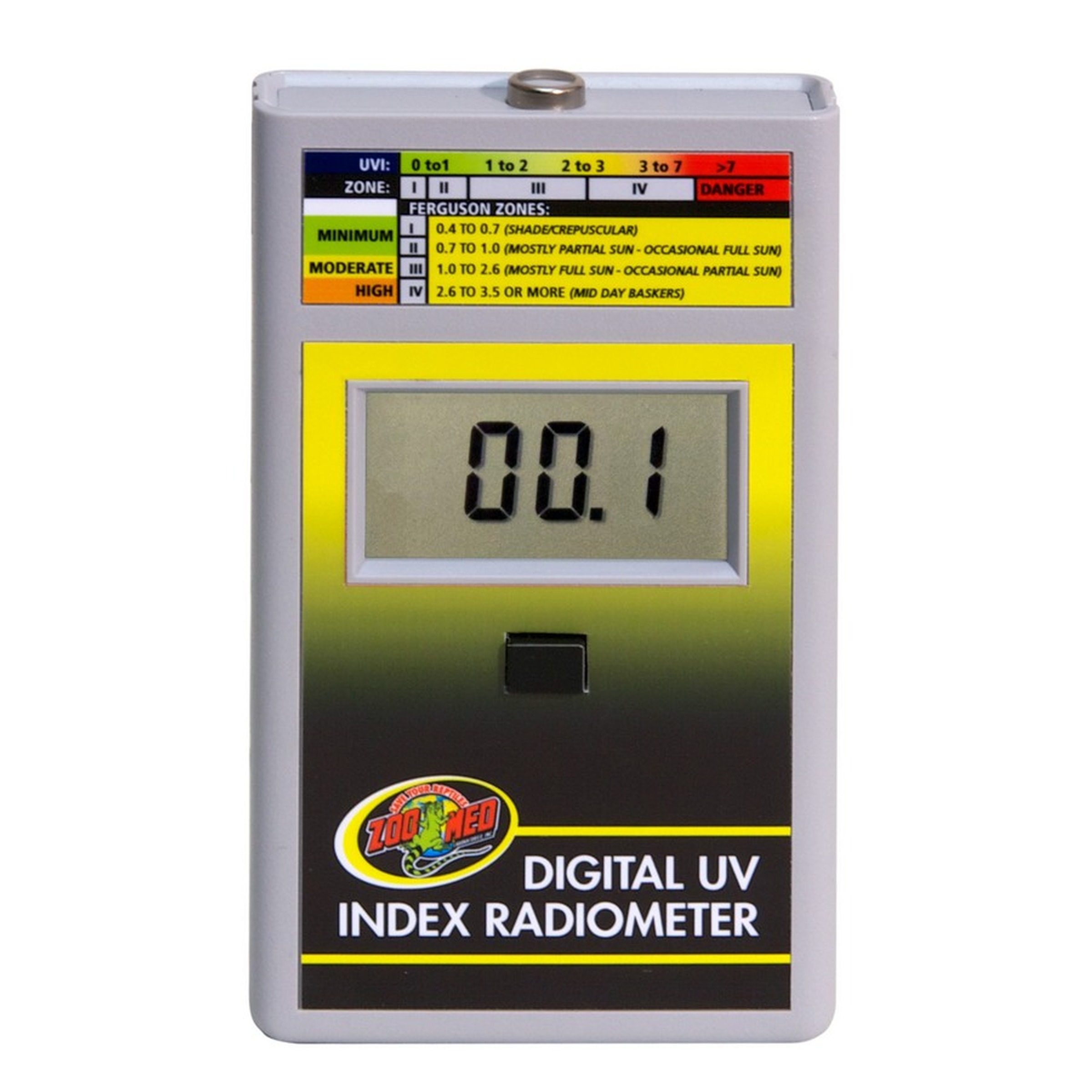 Digital UV index radiometer with LCD display showing 0.1 and a color-coded risk chart at the top.