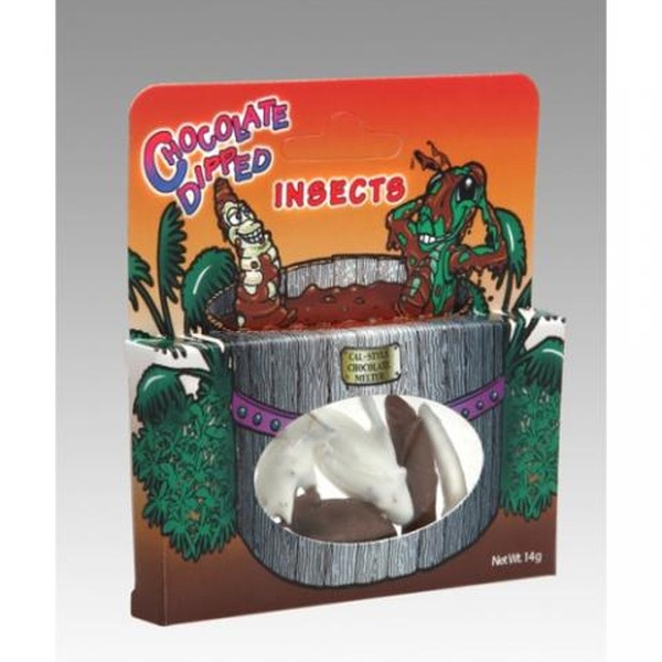 Candy packaging showing chocolate-dipped insects in a wooden tub with cartoon insects against an orange gradient background.