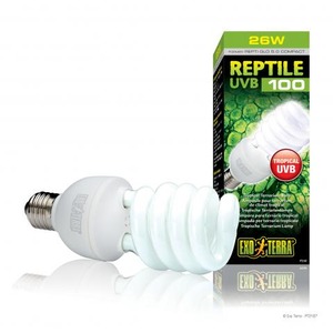 Spiral reptile UVB light bulb next to packaging reading Reptile UVB 100.