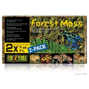 Forest Moss tropical terrarium substrate 2-pack by Exo Terra, featuring a frog and small animal thumbnails.