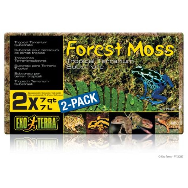 Forest Moss tropical terrarium substrate 2-pack by Exo Terra, featuring a frog and small animal thumbnails.
