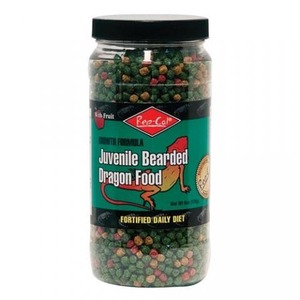 Jar of bearded dragon food pellets labeled Juvenile Bearded Dragon Food, Fortified Daily Diet, with multicolored beads.