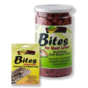 Jar and accompanying packet of Nature Zone Bites for Meat Lovers—nutritious, soft moist pet food treats.
